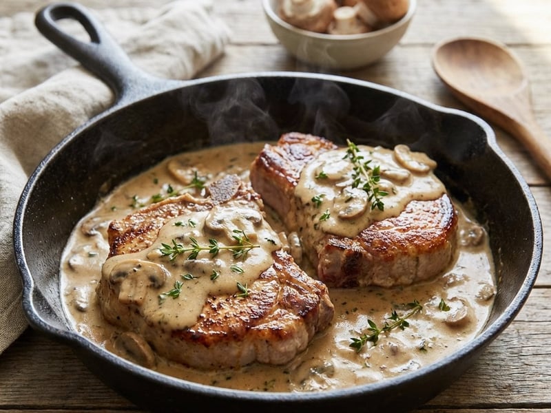 Schweinskoteletts mit Pilzen und Rahmsauce