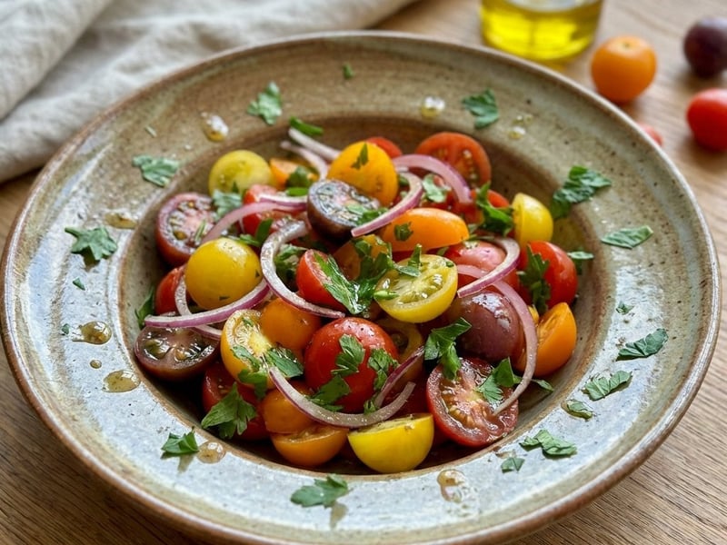 Colorful tomato salad with red onions