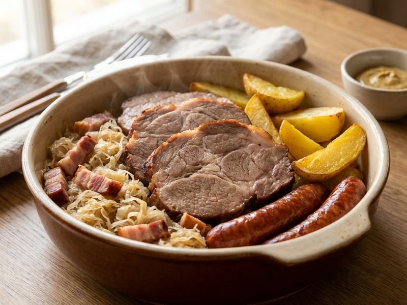 Schweineschopf mit Sauerkraut und Erdäpfeln