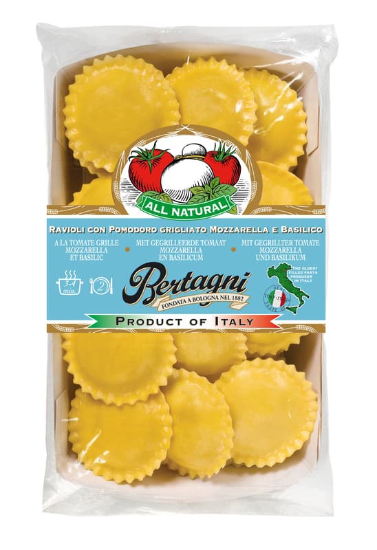 Bertagni Ravioli with grilled tomatoes, mozzarella and basil