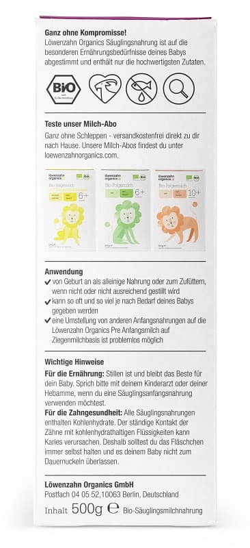 Löwenzahn Organics BIO Pre Anfangsmilch 0+ auf Ziegenmilchbasis