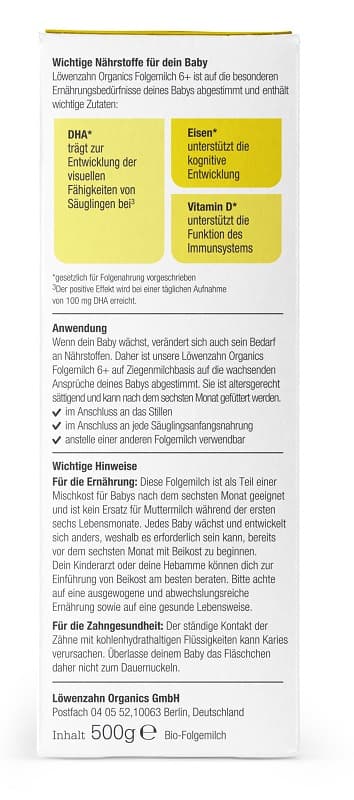 Löwenzahn Organics BIO Folgemilch 6+ Monate Ziegenmilch