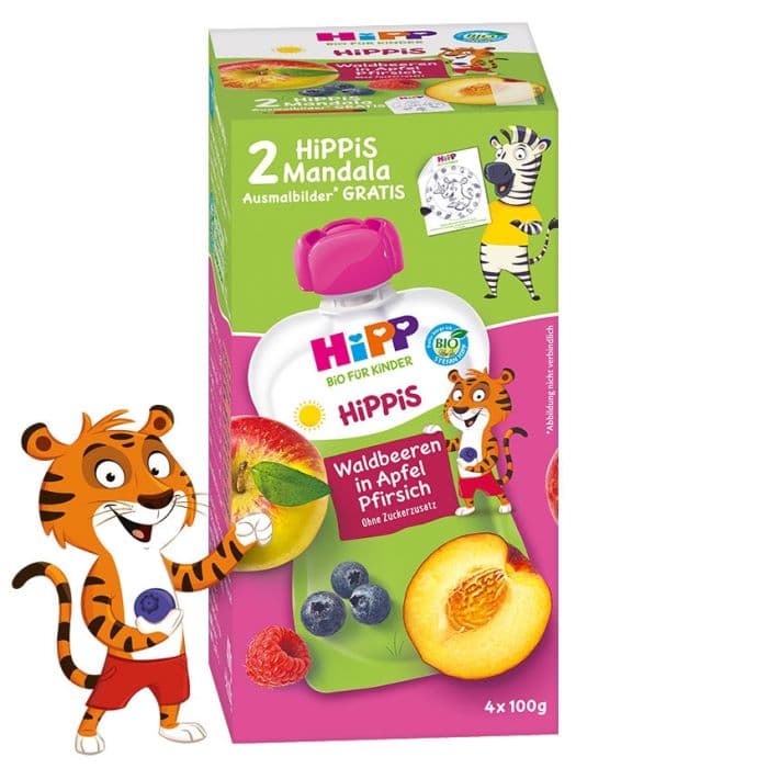 HiPP BIO Multipack HiPPiS Waldbeeren in Apfel-Pfirsich 4x100g, ab 1 Jahr