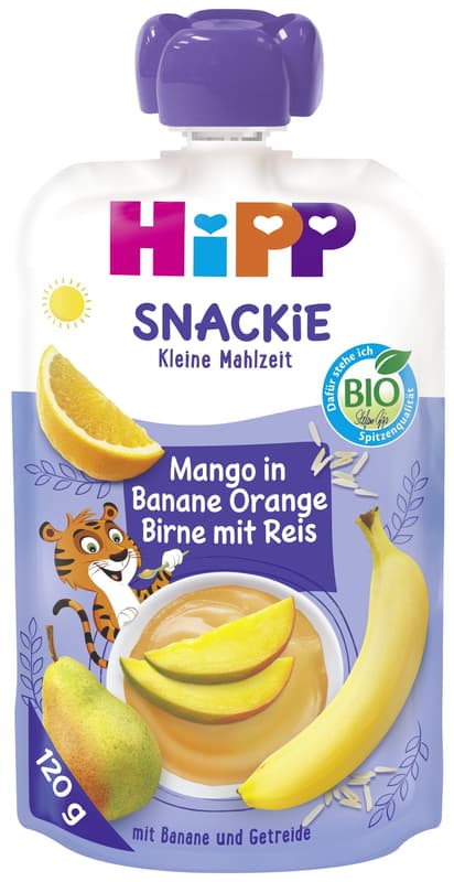 HiPP BIO Snackie Mango in Banane Orange Birne mit Reis – Thilo Tiger