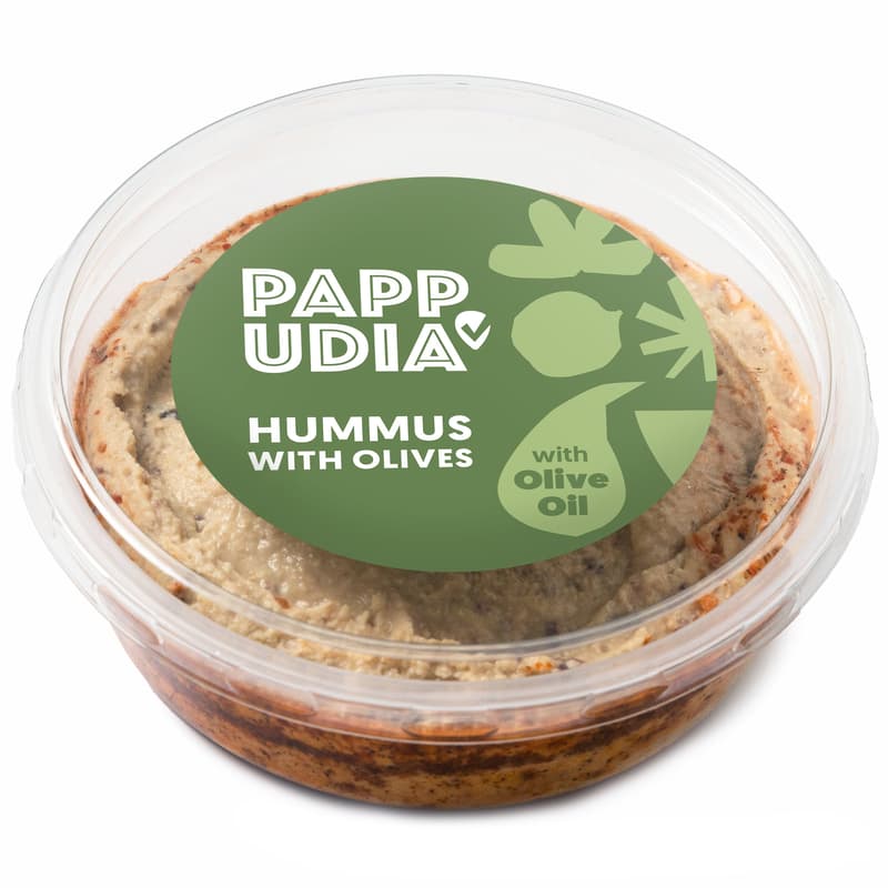 Pappudia Hummus mit Oliven und Olivenöl