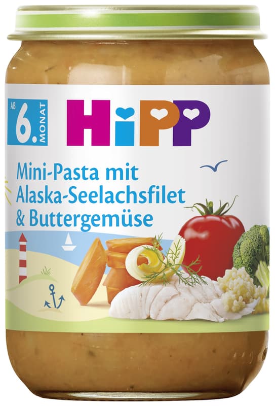 HiPP BIO Mini-Pasta mit Alaska-Seelachsfilet und Buttergemüse, ab dem 6. Monat