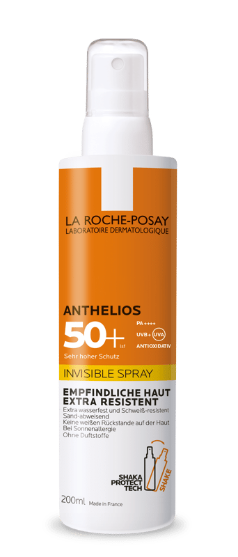 La Roche Posay Anthelios Invisible Spray LSF 50+: Transparent sun spray without fragrance for sensitive skin.