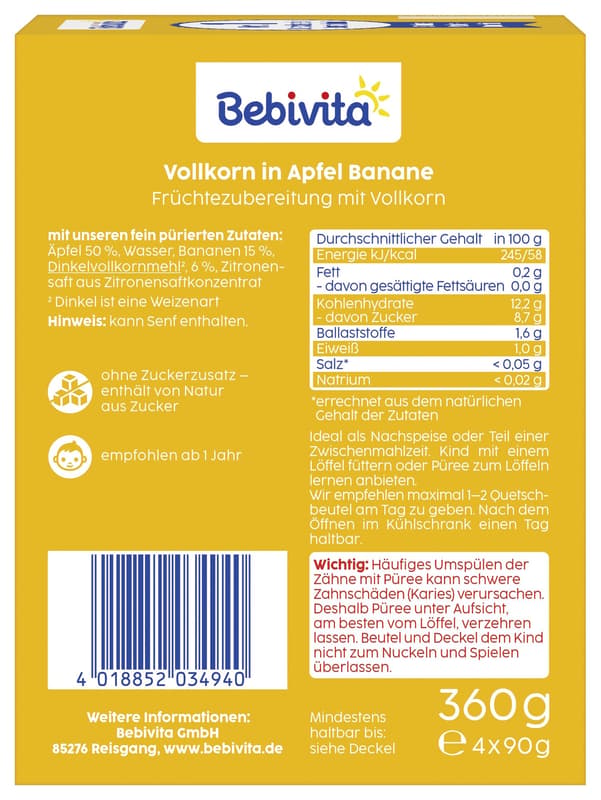 Bebivita Quetschbeutel´Kinder-Spaß Frucht und Getreide Vollkorn in Apfel-Banane