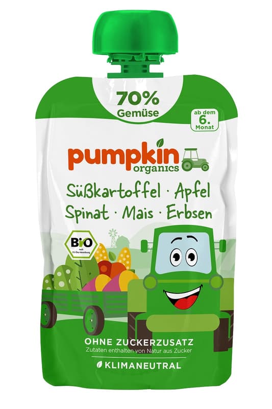 Pumpkin Organics - Bio Gemüse-Quetschie Süßkartoffel, Apfel, Spinat, Mais, Erbsen