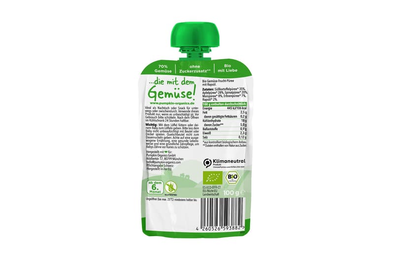 Pumpkin Organics - Bio Gemüse-Quetschie Süßkartoffel, Apfel, Spinat, Mais, Erbsen