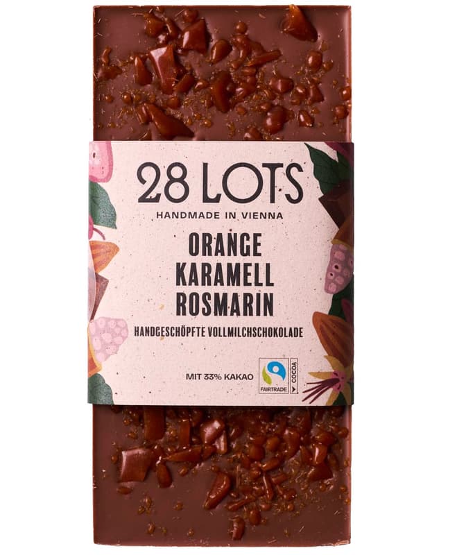 28Lots Orange, Karamell, Rosmarin Vollmilchschokolade