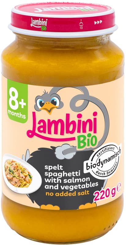 Lambini BIO demeter Dinkel-Spaghetti Gemüse und Lachs, ab dem 8. Monat