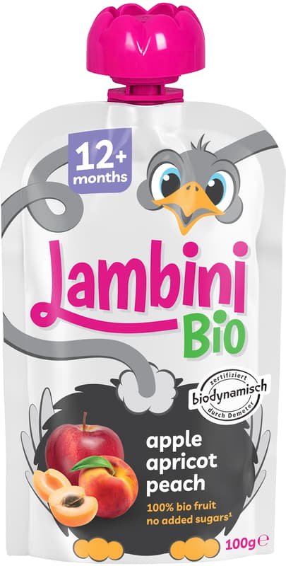 Lambini BIO demeter Quetschie Aprikose, Pfirsich, Apfel, ab dem 12. Monat