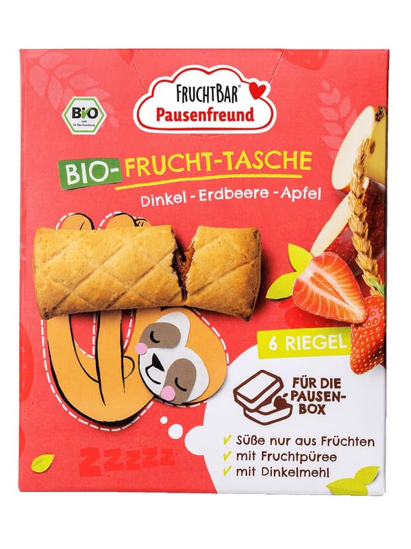 FruchtBar Pausenfreund – BIO-Frucht-Tasche Dinkel, Erdbeere, Apfel