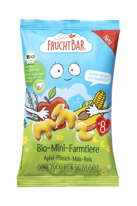 FruchtBar BIO-Mini-Farmtiere Apfel, Pfirsich, Mais, Reis