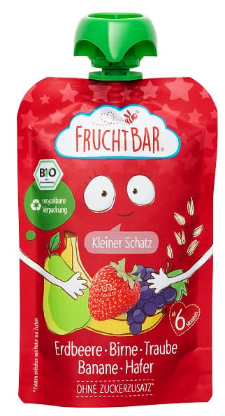 FruchtBar BIO-Fruchtpüree 'Kleiner Schatz' Erdbeere, Birne, Traube, Banane, Hafer