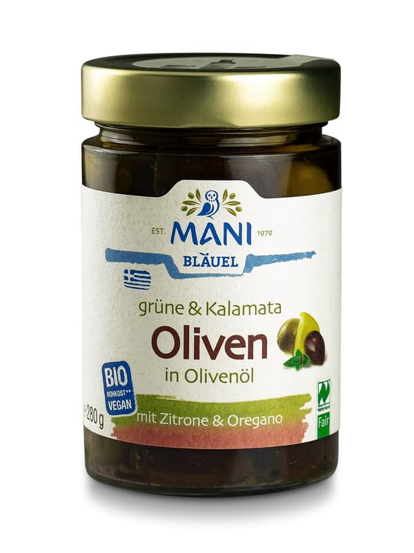 MANI Bläuel BIO Grüne & Kalamata Oliven in Olivenöl