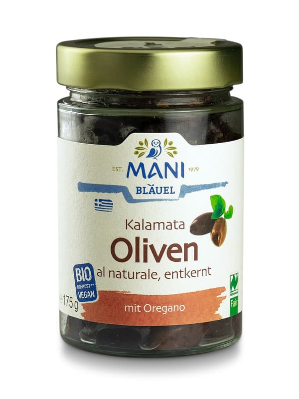 MANI Bläuel BIO Kalamata Oliven al naturale, entkernt
