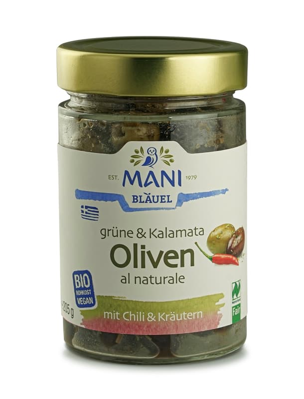 MANI Bläuel BIO Grüne & Kalamata Oliven al naturale, Chili & Kräutern
