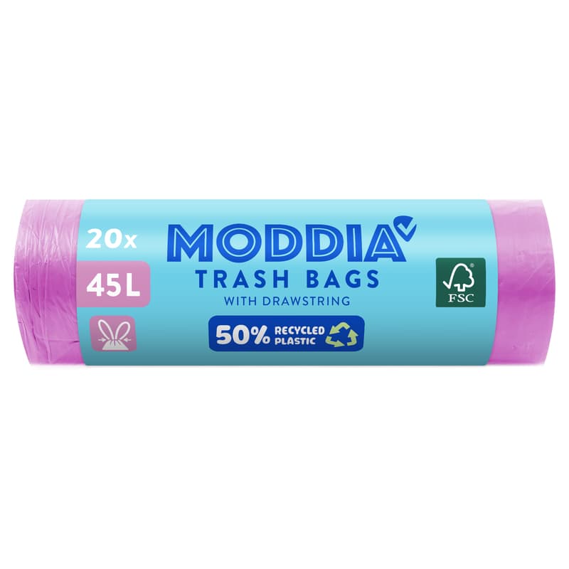 Moddia bin liner pink with drawstring, 45 litres