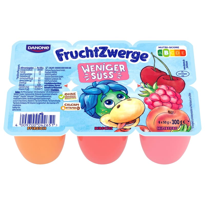 Danone FruchtZwerge weniger Süß Pfirsich, Kirsche, Himbeere 6x50g