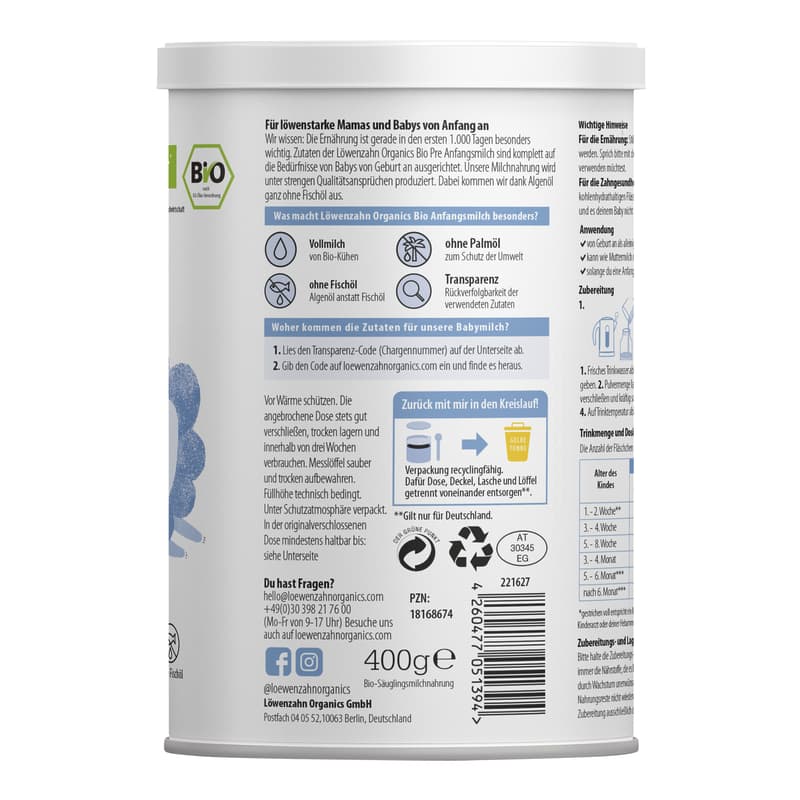 Löwenzahn Organics BIO PRE formula milk made from whole milk from birth