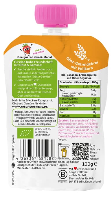 Freche Freunde BIO Quetschie Banane, Erdbeere mit Hafer & Quinoa