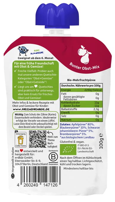 Freche Freunde BIO Quetschie Apfel, Blaubeere, Johannisbeere & Brombeere