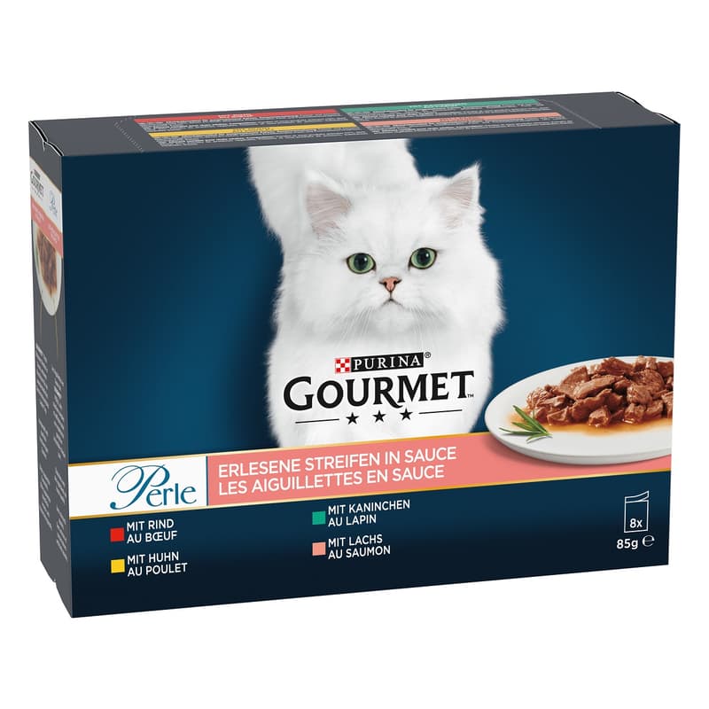 GOURMET Perle Erlesene Streifen Huhn, Rind, Kaninchen und Lachs (8x85g)