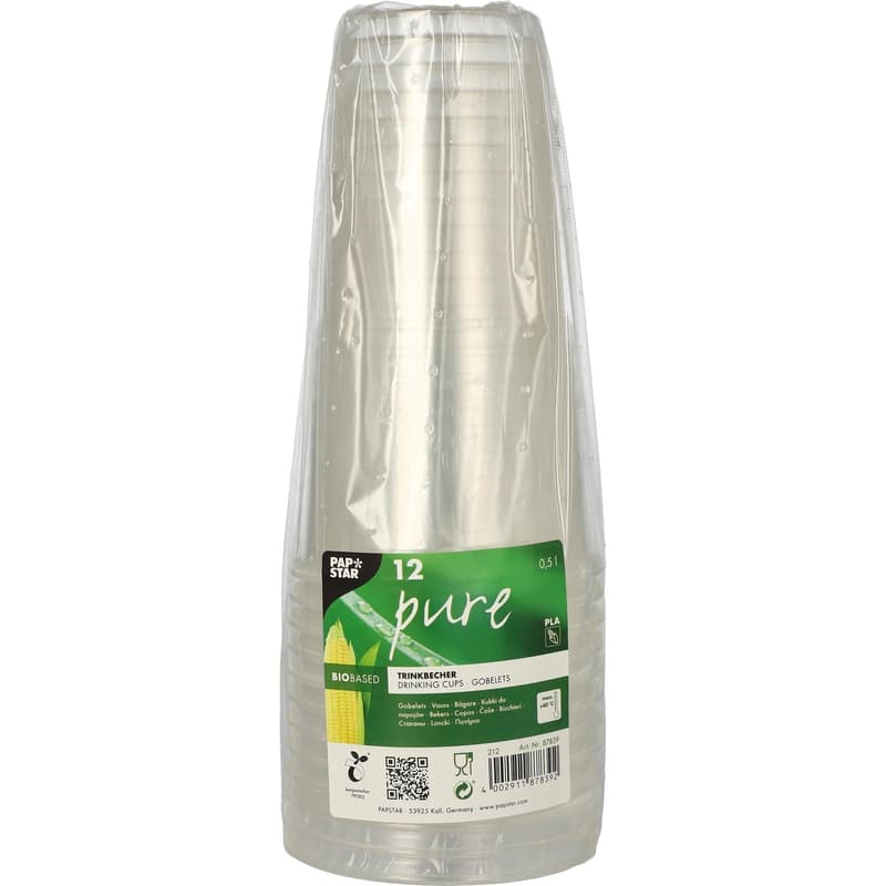 Cold drinks cup, PLA "pure" 0.5l, crystal clear with foam rim