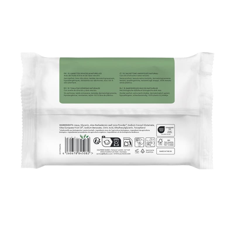 LILLYDOO green natural wet wipes, 15 pieces