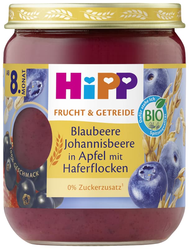 HiPP BIO Blaubeere Johannisbeere in Apfel mit Haferflocken, ab dem 8. Monat