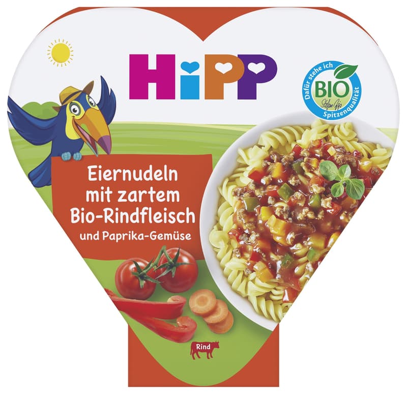 HiPP BIO Eiernudeln mit Paprika-Gemüse und zartem BIO-Rindfleisch, ab 1 Jahr