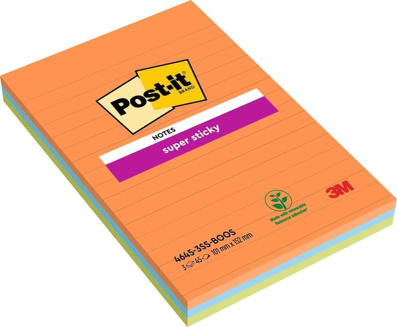 POST-IT® sticky notes Super Sticky, 3 pads of 45 sheets lined 101x152mm