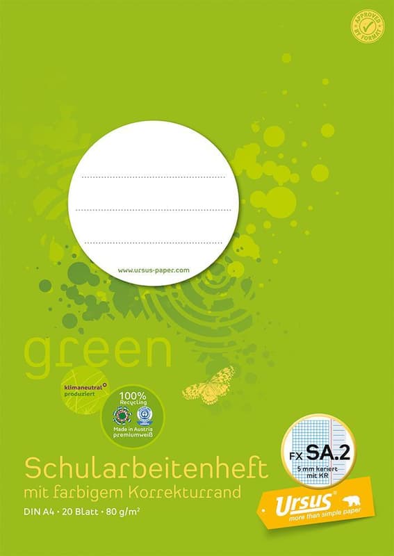 URSUS Schularbeitsheft SA2 DIN A4 20 Blatt 5mm kariert mit Korrekturrand