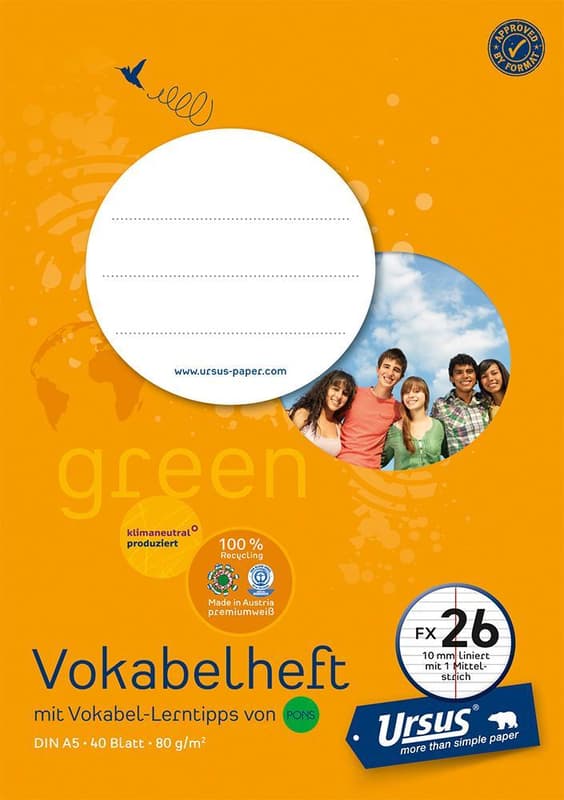 URSUS Vokabelheft Nr.26 DIN A5 40 Blatt 10 mm liniert mit Mittelstrich