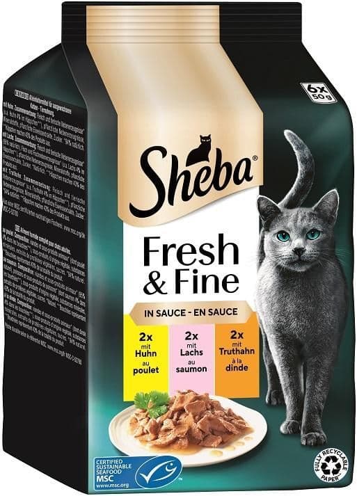 SHEBA® Fresh & Fine Multipack Portion pouches Turkey, Chicken & salmon MSC in sauce