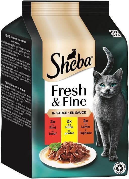 SHEBA® Fresh & Fine Multipack portion pouches Beef, Chicken & Lamb in Sauce