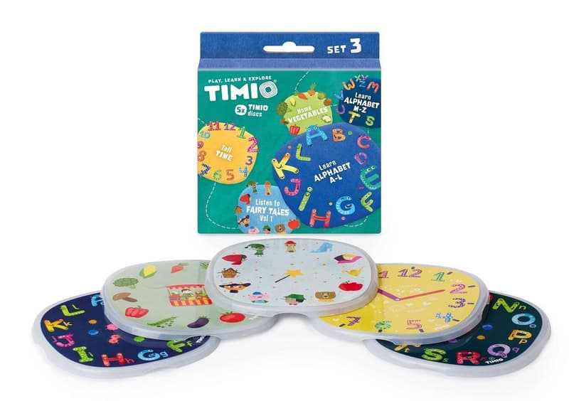 TIMIO Disc Set 3 – Fairy tales, telling the time, alphabet A-L, alphabet M-Z & vegetables: 5 discs