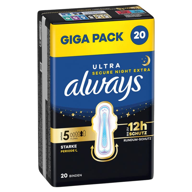 Always Ultra Damenbinden Größe 5 - Secure Night Extra mit Flügeln Gigapack 20