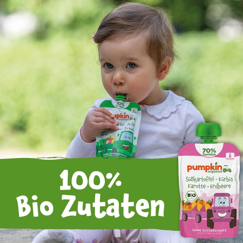 Pumpkin Organics BIO Gemüsepüree mit Süßkartoffel Kürbis Erdbeere Banane ab 6. Monat, 100 g