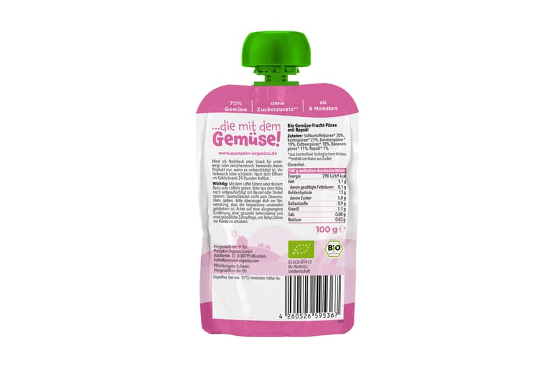 Pumpkin Organics BIO Gemüsepüree mit Süßkartoffel Kürbis Erdbeere Banane ab 6. Monat, 100 g