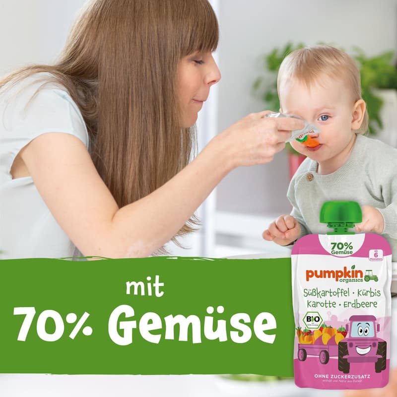 Pumpkin Organics BIO Gemüsepüree mit Süßkartoffel Kürbis Erdbeere Banane ab 6. Monat, 100 g