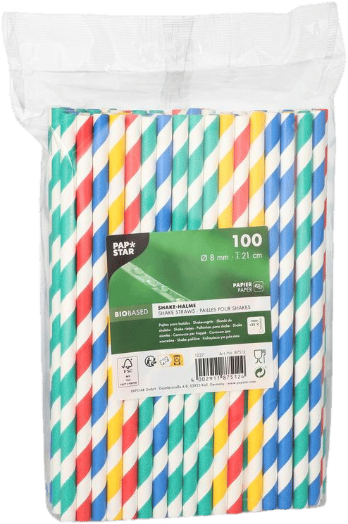 PAPSTAR 100 Shake straws, paper Ø 8 mm · 21 cm Assorted colours "Stripes"