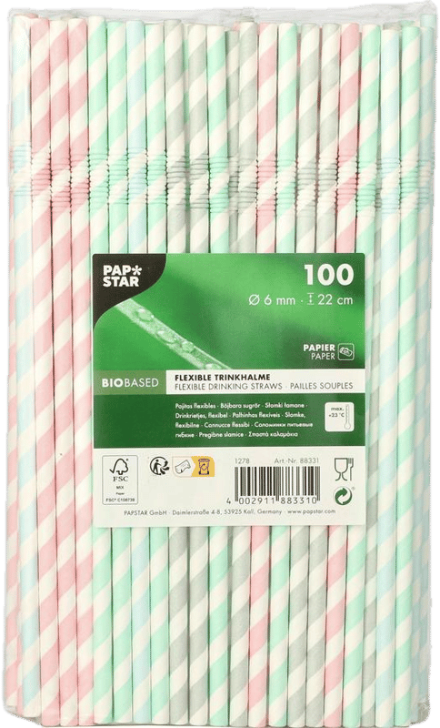PAPSTAR 100 Drinking straws made of paper Ø 6 mm · 22 cm Assorted colours "Stripes" flexible
