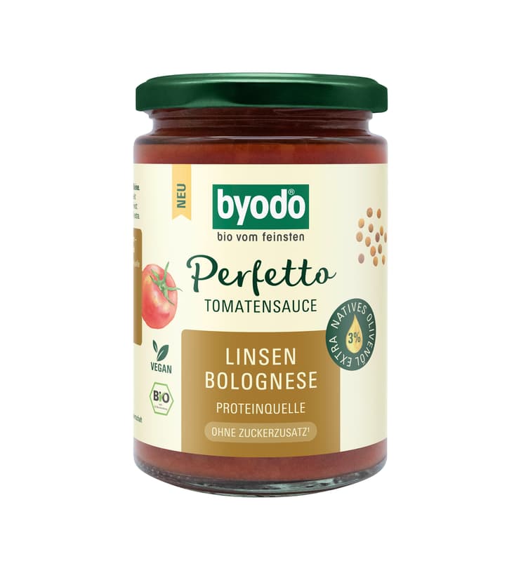 Byodo Organic Perfetto Tomato Sauce Lentil Bolognese, with extra virgin olive oil