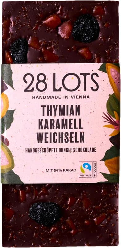 28Lots Thymian, Karamell, Weichsel Zartbitterschokolade