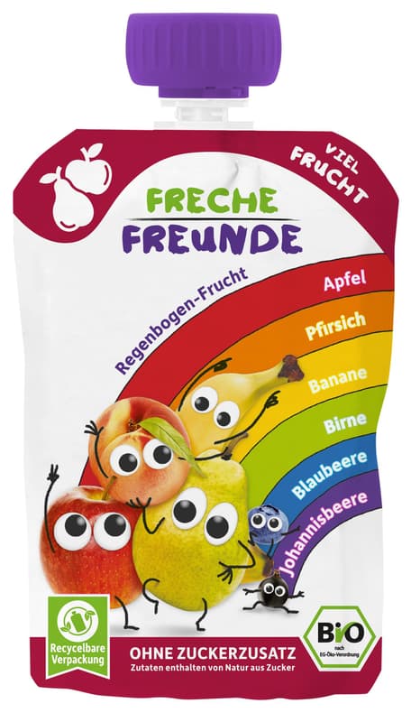 Freche Freunde BIO Quetschie Regenbogen - Apfel, Blaubeere, Schwarze Johannisbeere, Pfirsich, Birne, Banane 100g