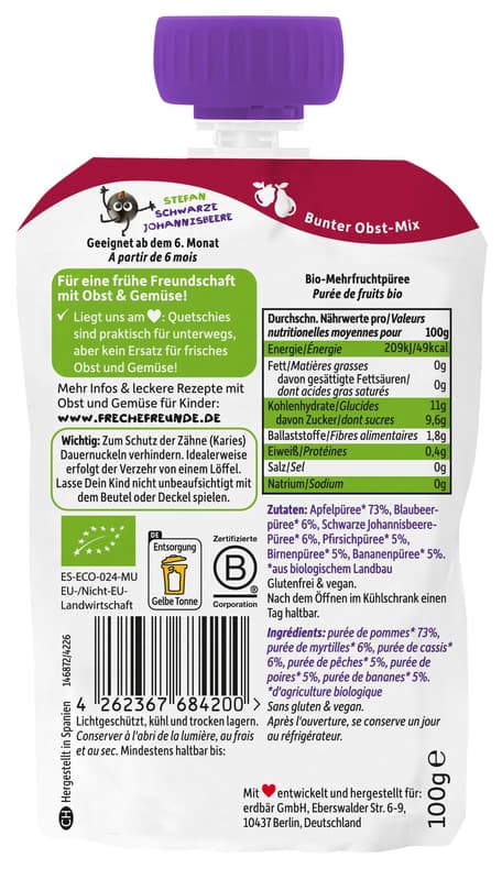 Freche Freunde BIO Quetschie Regenbogen - Apfel, Blaubeere, Schwarze Johannisbeere, Pfirsich, Birne, Banane 100g