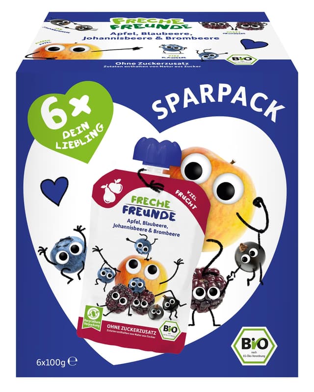Freche Freunde Organic Squeeze Pouch Value 6-Pack Apple, Blueberry, Currant & Blackberry